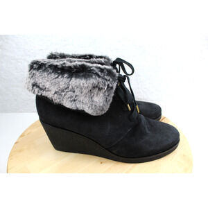 Cole Haan Boots Faux Fur Womens 11 Black Suede Ankle Bootie Comfort Shoe